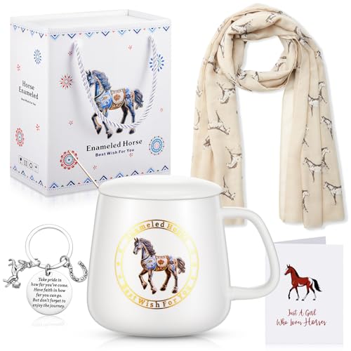 EBOOT 4 Regalos con Tema de Caballo Set Incluye Taza de Café de Caballo con Tapa y Cuchara Bufanda de Seda de Caballo Llavero Tarjeta de Felicitación con Sobre con Caja para Mujer (Caballo)