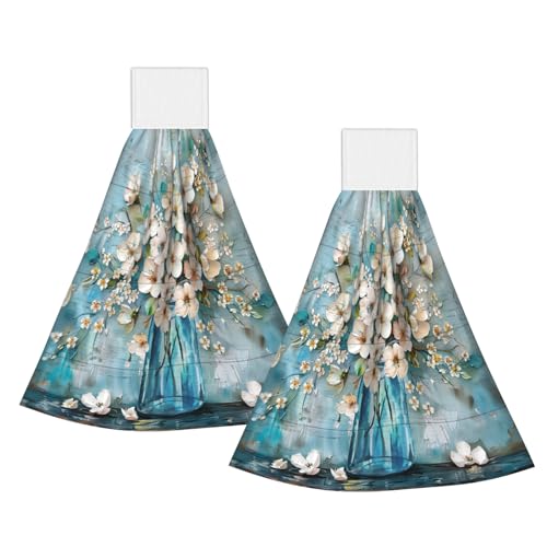 Giwawa Blue White Floral Kitchen Towels 2Pcs Flower Canvas Soft Hand Tie Towel with Hanging Loop Fast Dry Bath Towel Bathroom Tabletop Decoration