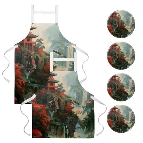 Lot de 2 tabliers de cuisine motif vieux temple pour le service et la patisserie en bistrot