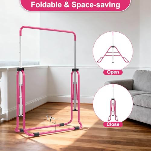 SHIWEI Gymnastics Bar for Kids, Foldable Gymnastic Bar with 5 Adjustable Height, Expandable Training Equipment for Indoor/Outdoor (Hot Pink)