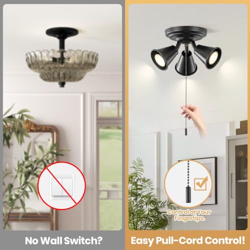 Image of 3‑Head Adjustable Ceiling Spot Light with Pull Chain, Matte Black Semi‑Flush Mount Ceiling Light Fixture, Multi‑Directional Rotatable Spotlight E26 for Hallway Kitchen Bedroom