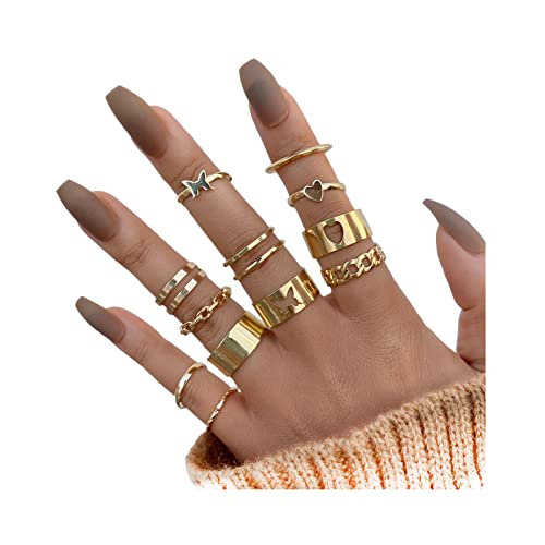 12PCS Stacking Rings Set 14K Gold Plated Knuckle Rings for Women Heart/Butterfly/Chain Rings Thin Dainty Gold Rings Promise Eternity Rings Plain Band Rings for Teen Girls A