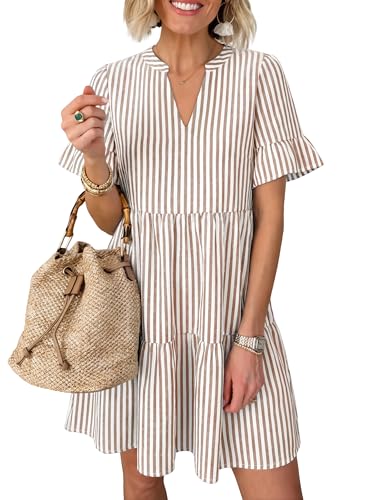Image of Caracilia Dresses for Women Summer 2026 Striped V Neck Ruffle Sleeve A Line Tiered Flowy Casual Mini Beach Dress with Pockets