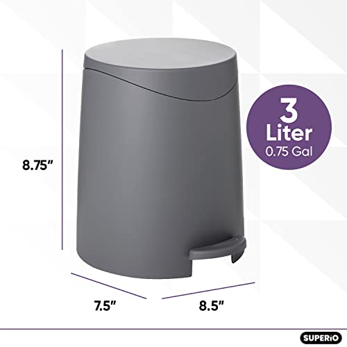 Image of Superio Mini Bathroom Trash Can with Lid 3 Liter, Plastic Waste Bin 0.75 Gallon, Modern Flat Lid Step On Trash Can with Foot Pedal, for Bathroom, Bedroom, Office, Under Desk, Soft Close (2, Grey)
