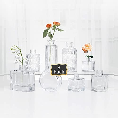 Glass Bud Vase Set of 8 - Small Glass Vases for Flowers, Clear Bud Vases in Bulk, Cute Glass Vases for Centerpieces, Mini Vintage Vase for Rustic Wedding Decorations, Home Table Flower Decor