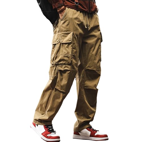XYXIONGMAO Men's Khaki Cargo Pants Loose Drawstring Elastic Waist Multi-Pocket Sweatpants Streetwear Overalls for Men
