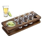 MyGift 10 Piece Shot Glass Serving Set with 8 Shot Glasses, Solid Wood Display Tray & Stainless Steel Lime Ramekin – Rustic Barware Set for Parties & Entertaining
