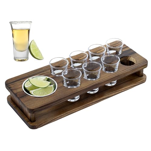 MyGift 10 Piece Shot Glass Serving Set with 8 Shot Glasses, Solid Wood Display Tray & Stainless Steel Lime Ramekin – Rustic Barware Set for Parties & Entertaining