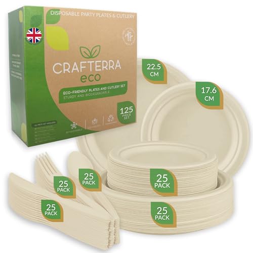 Disposable plates & cutlery Eco Friendly Tableware complete Party Set. Compostable Biodegradable Sugarcane dinnerware sets. 25 large and Small Paper Plates Forks Knives Spoons for Camping Picnic.125pc
