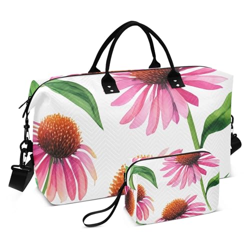 Pink Echinacea Flowers White Duffle Bag Women Travel & Cosmetic Pouch Set of 2, Fashion Womens Tote Duffle Bag Carry on Duffel Overnight