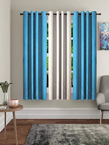 Image of Home Sizzler Polyester 3 Piece Window Curtain Set, 5 feet (2 Aqua, 1 Cream)