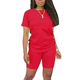 Womens Casual Two Piece Outfit Shorts Jogger Set Summer Round Neck Short Sleeve Shirt Tracksuit Swea