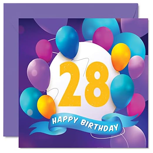 Tarjeta cumpleaños 28 hombres mujeres, fiesta en globo, tarjetas feliz cumpleaños hombre 28 años, mujer, hermana, hijo, hija, tío, amigo, primo, 145 mm x 145 mm, tarjetas felicitación cumpleaños