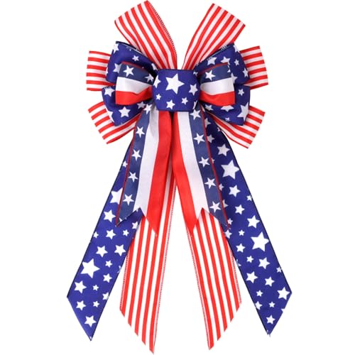 YKW Large American Flag Bow for Wreaths, Patriotic Stars and Stripes Bow with Wired Edge, July 4th Decoration, USA Memorial Day Front Door Decor, Red White Blue Accent