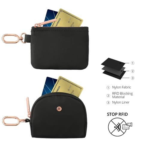 Image of Keychain Wallet Mini Zip Around Wristlet Wallets for Women Detachable Dual Pouch Wristlet Portable Coin Purse Small Wallets With RFID Blocking (Black & Rose Gold Hardware)