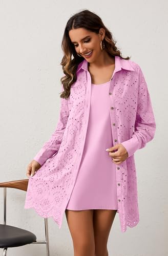 Aihukocy Women Hollow Out Eyelet Button Down Lapel V Neck Long Sleeve Ruffle Flowy Solid Oversized Loose Mini Shirt Dress Pink thumb #6
