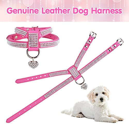 Expawlorer Dog Harness Genuine Leather Soft Padded Pet Sparkly Rhinestone Vest With Heart Pendant For Puppy Cat, Pink #TOP3