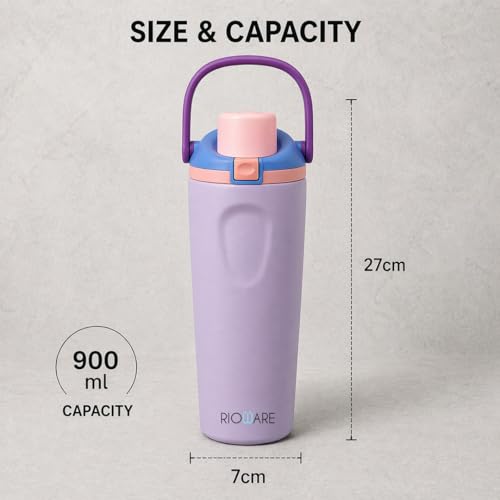 Image of Rioware 900ml Vacuum Insulated Tumbler with Flip Cap | 304 Grade Steel | 8 Hrs Hot & 14 Hrs Cold | Leakproof Travel Coffee Mug | Large Capacity Water Bottle with Handle | BPA Free- Purple