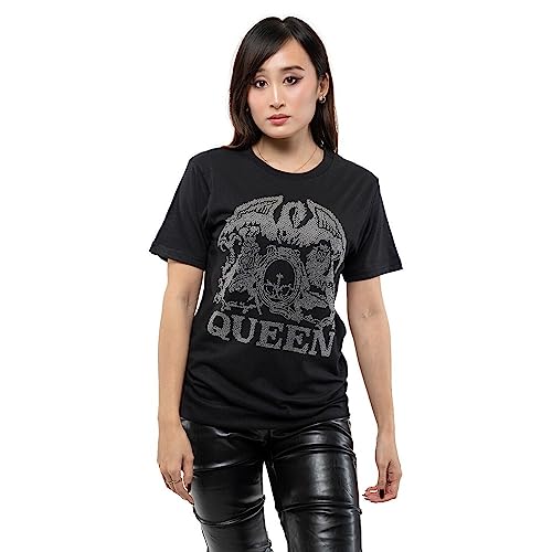 Queen Unisex Diamante Classic Crest Band Logo Official Black T-Shirt, M