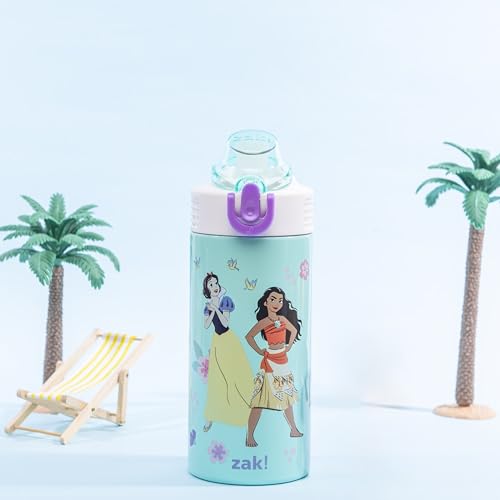 Image of Zak Designs Disney Princess Kids Water Bottle For School or Travel, 14oz Stainless Steel Water Bottle With Straw, Handle, and Leak-Proof, Pop-Up Spout Cover (Ariel, Moana, Snow White, Tiana)