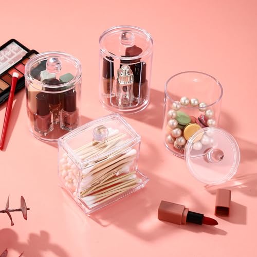 4 Stück Wattestäbchen Behälter,Cotton Buds Container Dispenser,Make-up-Organizer-Set,Wattepadspender zur Aufbewahrung im Schlafzimmer, Bad und Wohnzimmer (Transparente Abdeckung)
