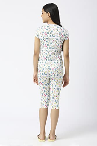 Image of SINI MINI Round Neck with Half Sleeve Top & Capri Beige Girls Casual Pack of 1 Night Suit Set
