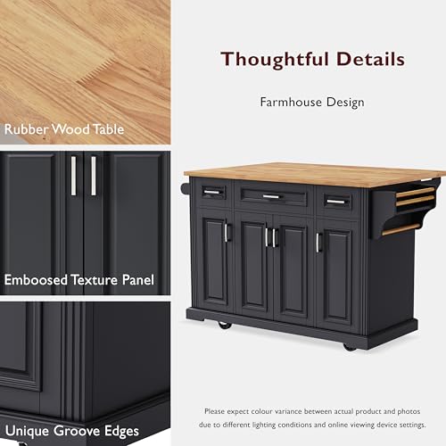 54inch Kitchen Island with 11.8" Drop Leaf, 4 Doors and 3 Deep Drawers, Embossed Texture Rolling Kitchen Cart on 4 Wheels, Moveable & Stationary Kitchen Island for Dining Room