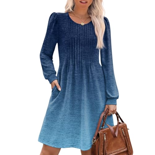 Long Sleeve Dress for Women 2025 Fall Loose Midi Dresses Flowy Casual Outfits Crewneck Fashion Print Vacation Dress