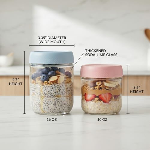 Image of JBHO 6-pack 16 oz Overnight Oats Containers with Lids, Glass jars with Airtight Lids, Wide mouth Mason Salad jars, Glass Food Storage Containers for Snacks Yogurt Spice Sugar