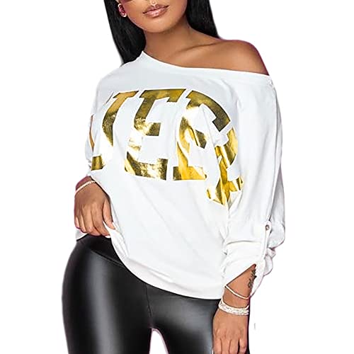 PESION Womens Off The Shoulder Tops Sexy Shiny Metallic Shirts Long Sleeves Fashion Graphic T-Shirts Blouses White+ Gold Small