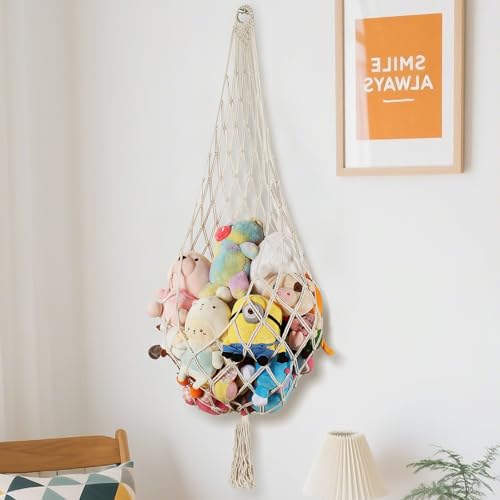 6.5Ft H Stuffed Animal Storage, Stuffy Toy Hammock Corner Hanging Net, macrame Display Plush Toy wall hanging-One Hook, organizers and storage Toy Holder for Nursery kids room Bedroom decor (Cream)