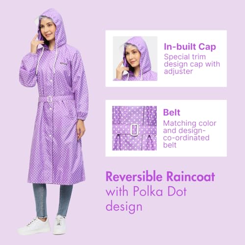 Image of Citizen Polyester Reversible Casual Style Raincoat For Women With Inbuilt Hood,Waist Belt & Matching Carry Pouch|Stylish Polka Dot Design|Durable & Lightweight Rainsuit With High Tearing Strength
