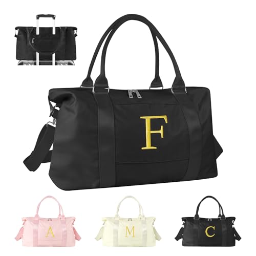 Personalized Initial Gym Dance Bag, Travel Duffel Bag for Teen Girls, Carry On Bag Overnight Weekender Bag with Trolley Sleeve, Birthday Gifts for Women Mom Daughter Graduation Gift(Letter F, Black)