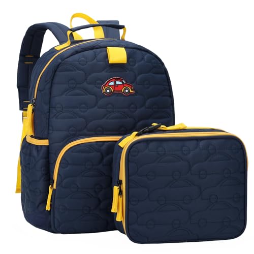 Chase Chic Toddler Backpack for Boys, Puffer Cute Lightweight Preschool Backpack with Lunch Box Set for Daycare Travel Kids Age 3-6,Blue Car