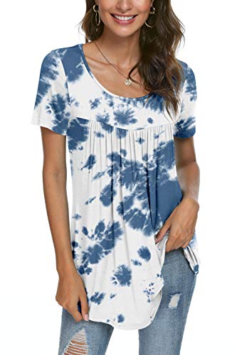 Cathy Women's 2023 Summer Short Sleeve Tunic Top Hide Belly Shirts Loose Comfy Blouse For Leggings,Xl,Fl White Blue #TOP26