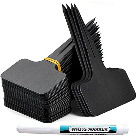 Orrdiffi 100Stk Plastik pflanzschilder für draussen wetterfest 6 * 10cm,Kunststoff Stecketiketten Pflanzenschilder zum Beschriften und Stift,kräuter schilder etiketten pflanzen (Schwarz) Cover