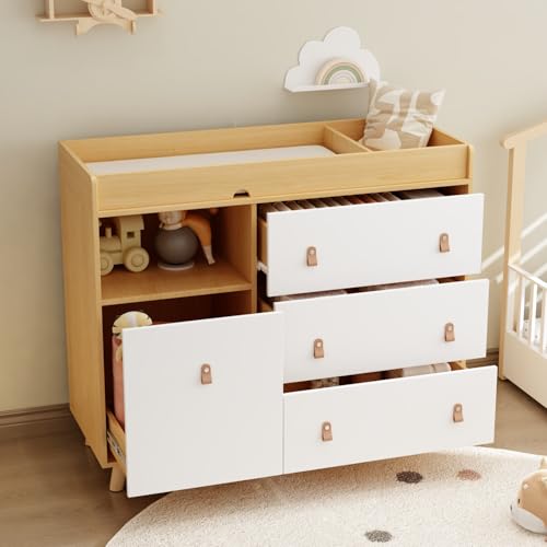 ROMSHINE Baby Dresser with Changing Table Top, 4 Drawers Nursery Dresser with Removable Guard, Infant Diaper Changing Station Baby Cloth Organizer for Nursery and Kids Bedroom, Wood Color - 44.9" W