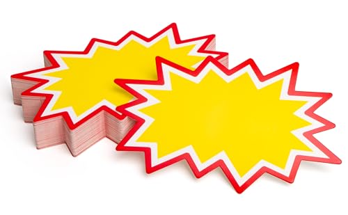 Starburst Price Tags with Stickers 100pcs | Yellow Sale Signs for Retail Store, Clearance Promo, Garage Sale, Yard Sale. 50pcs Thick Cards & 50pcs Strong Adhesive Dots. 3x5 inch (Yellow)