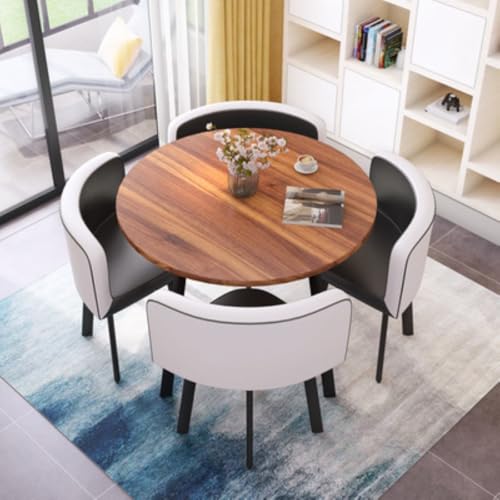 Image of Round Faux Marble Reception Table and Chairs Set, Dining Table Set for 4, Space Saving Reception Desk for Home and Apartment, Office, Conference Room, Lounge