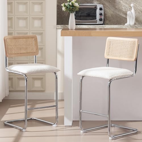 Zesthouse Boucle Bar Stools Counter Height Set of 2, 26'' Rattan Barstools with Wooden Back & Natural Cane Mesh, Mid Century Cantilevered Design Counter Stools for Kitchen Island, Chrome Base