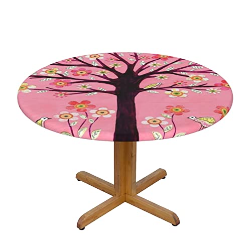 Nappe ronde imprimée de fleurs roses et d'arbres, nappe imperméable, résistante aux taches et à l'huile, adaptée pour table ronde, table octogonale S : 122 cm M : 138 cm Cover