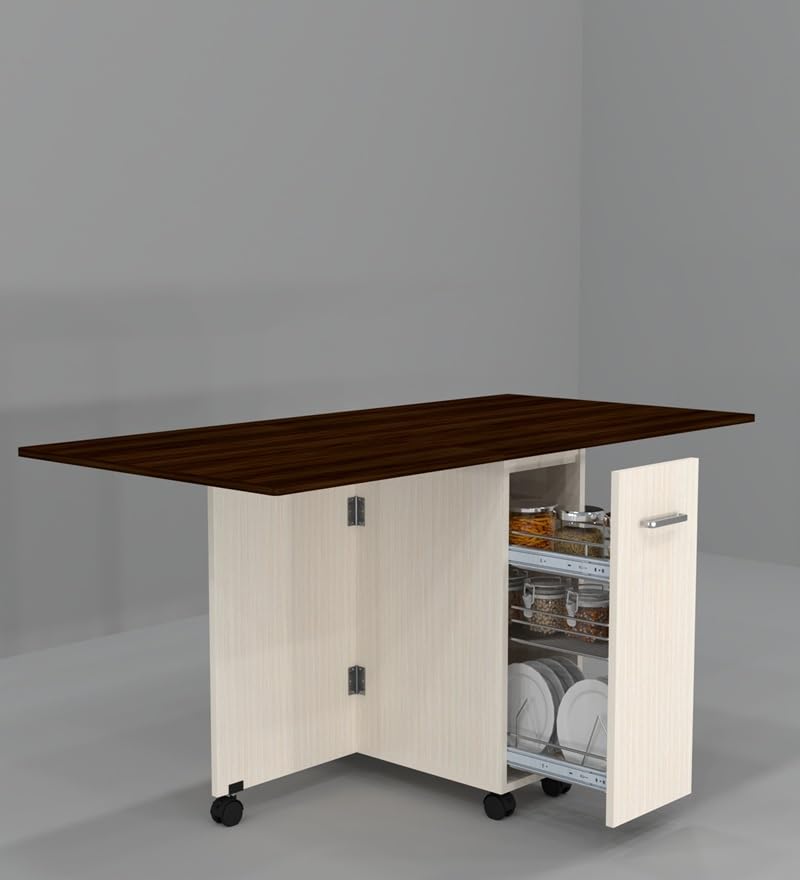 Image of SPECIALITY PANELS Space-Saving Folding Dining Table with Storage, 6-Seater, Engineered Wood, Asian Walnut & Highland Pine, 149x74x76 cm, Mobile with Wheels