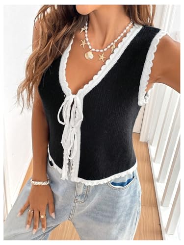 Image of GORGLITTER Women's Tie Front Cropped Sweater Vest Top Boho Holiday Outfits Sleeveless Color Clock Cardigan Dressy Casual Black and White Large