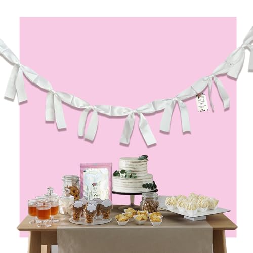 Image of Pre-Assembled White Bow Garland - 6ft Elegant Church Wedding Decor, Baby Shower Banner & Bridal Shower Backdrop, Thick Satin No DIY Needed! Baby Room Bed Decor (White, 6ft)