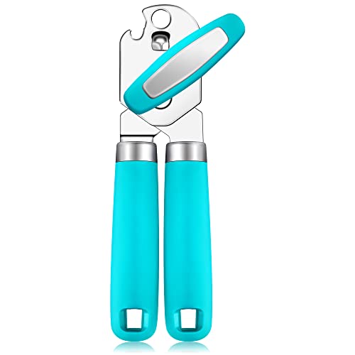 Rainspire Can Opener Manual Handheld Strong Manual Can Opener Smooth Edge Cut, Can Opener Heavy Duty, Comfortable Soft Handle, Built-in Bottle Opener, Blue