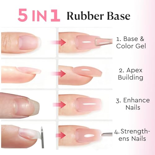 Image of AZUREBEAUTY 10ml 6 Color Rubber Base Gel Polish with Top Coat Set, Builder Gel for Thin Weak Nails, Sheer Nude Pink Jelly Self-Leveling Apex Building Nail Strengthener, Long Lasting Soak Off UV LED
