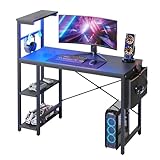 Bestier Gaming Desk with LED Lights, 44 Inch PC Gamer Desk for Small Spaces, Computer Desk with Reversible Storage Shelves & Side Storage Bag (Black Grained)