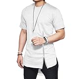 Mens Tshirts Longline Extra Long Shirts Zipper Hip Hop Short Sleeve Side Split Tee Arc Hem Scallop Tees Shirts Tops (White,X-Large)