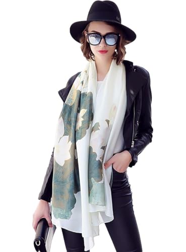 Image of Alexvyan Satin Silk Summer Scarves 170 x 84 cm, Floral Print Green and Off White Colour with Stitched Border, Lightweight Fashion Scarf for Women Sun Protection Stole