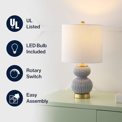 JONATHAN Y 20" Gray/Brass Gold Ribbed Gourd Glass Table Lamp, Modern Bedside Lamp for Bedroom Living Room, White Linen Drum Shade, LED Bulb Included (JYL1099C) by JONATHAN Y - Image 4